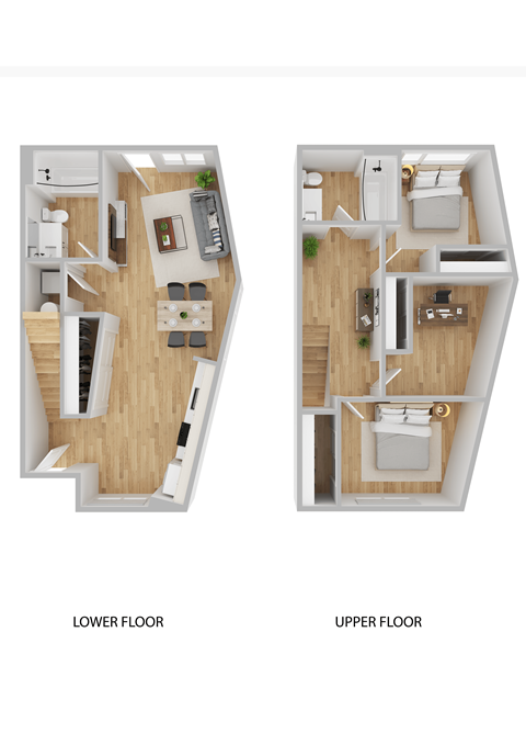 A 3d floor play shows the layout of a the 3 bed 2 bathroom townhome at The Wes apartments